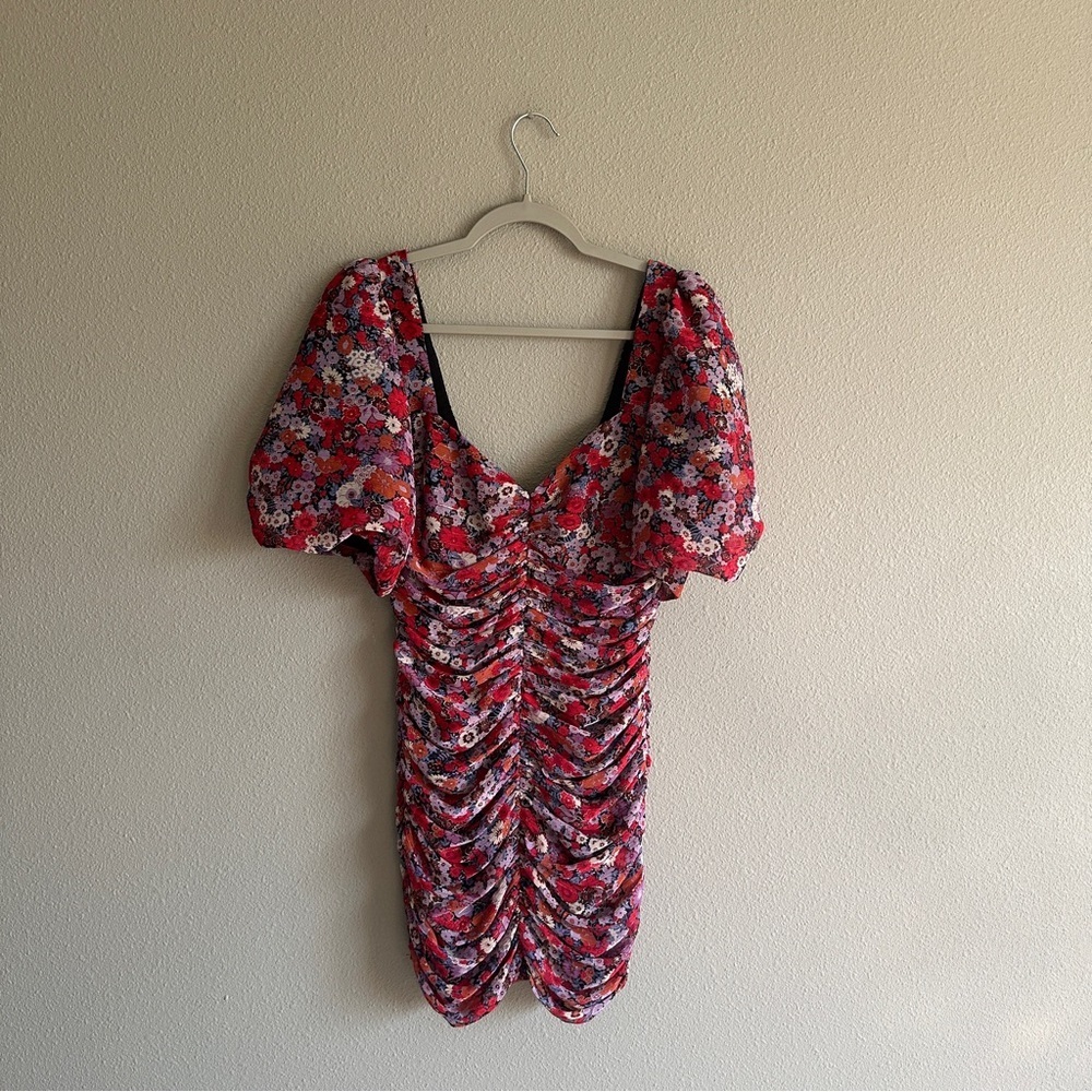 NWT Zara Pink and Red Ruched Puff Sleeve Bodycon Mini Dress Small